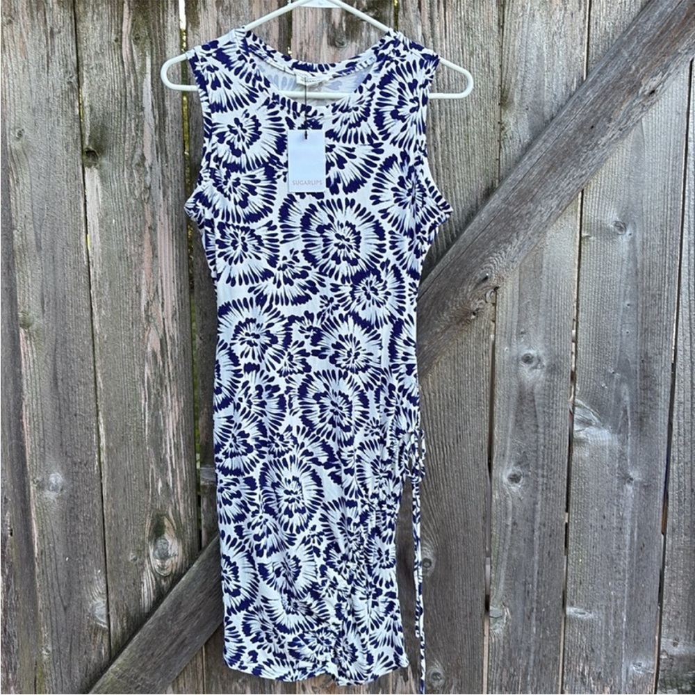 NWT SUGARLIPS Ruched BodyCon Stretch Jersey Dress Blue White Floral Size Medium - Picture 4 of 11